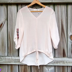 Have Cream Sheer Tabbed Sleeve Hi-Low Hem Blouse